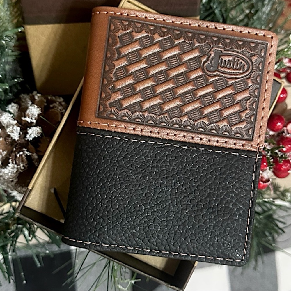 New Justin Boots Mens Leather Wallet Bi Fold Basketweave Card Wallet Brown Black